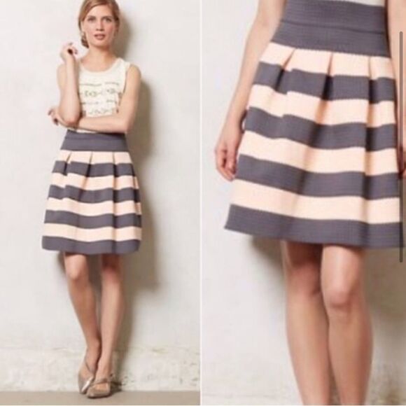 Anthropologie Girls From Savoy Scalloped Striped Ponte Skirt Pink/Grey - Picture 1 of 11